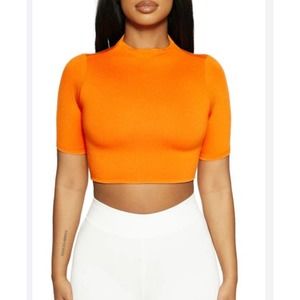 NAKED WARDROBE orange crop top, size L, Mock neck.